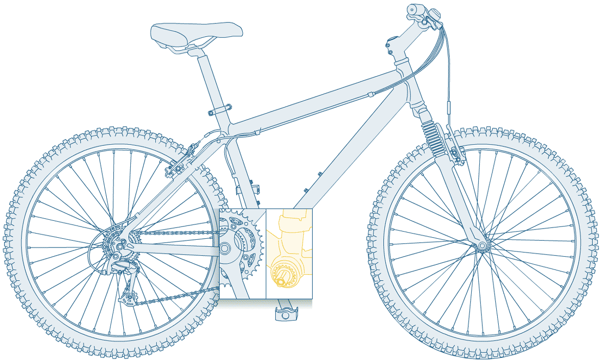 Illustration of a blue bicycle with bottom bracket highlighted in yellow