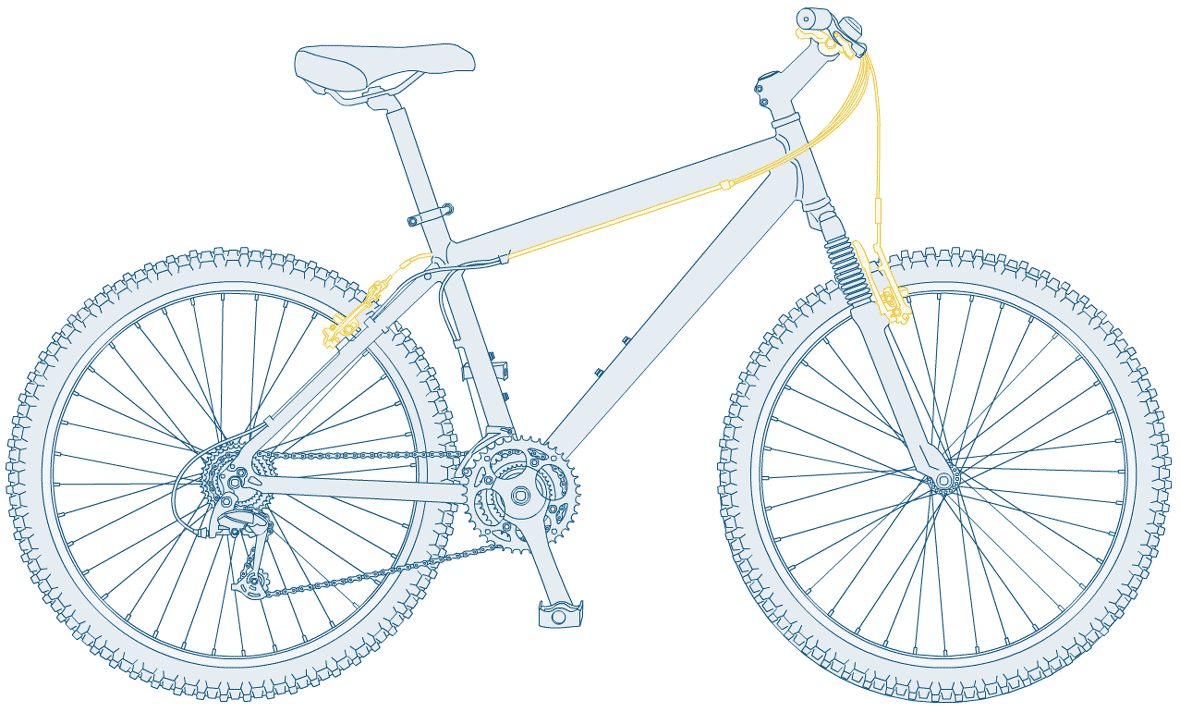 Illustration of a blue bicycle with brakes highlighted in yellow