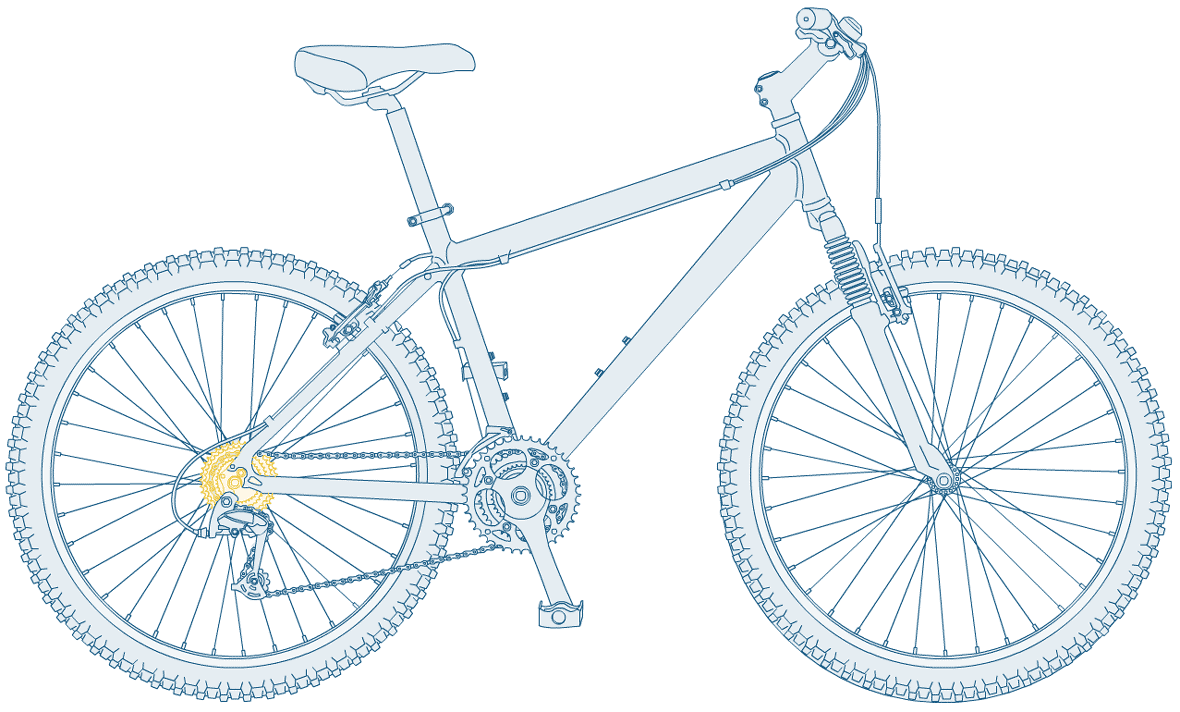 Illustration of a blue bicycle with cassette highlighted in yellow