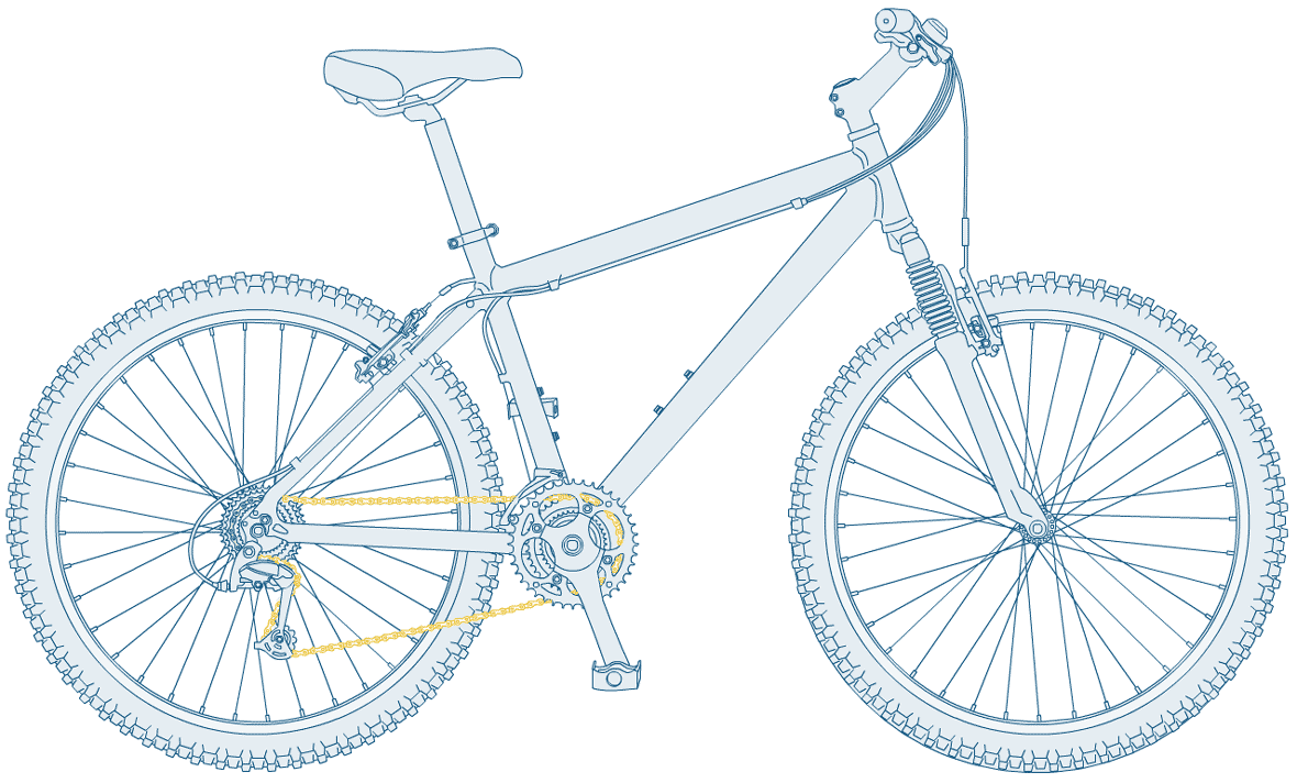 Illustration of a blue bicycle with chain highlighted in yellow