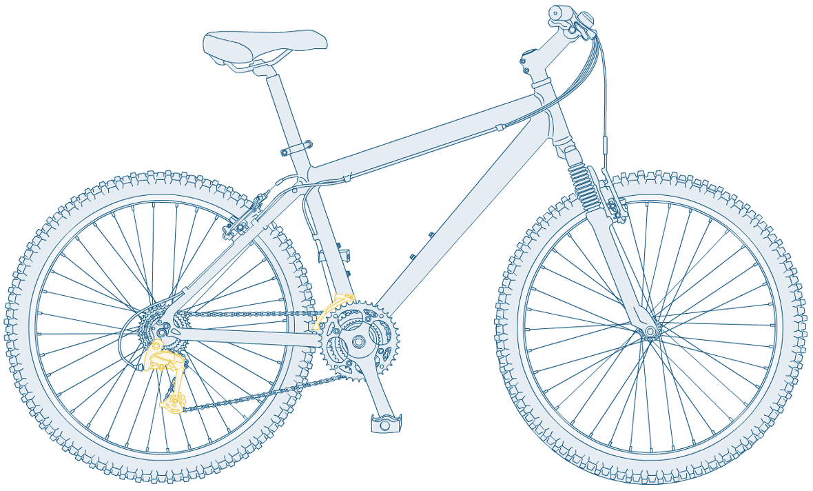 Illustration of a blue bicycle with derailleur highlighted in yellow