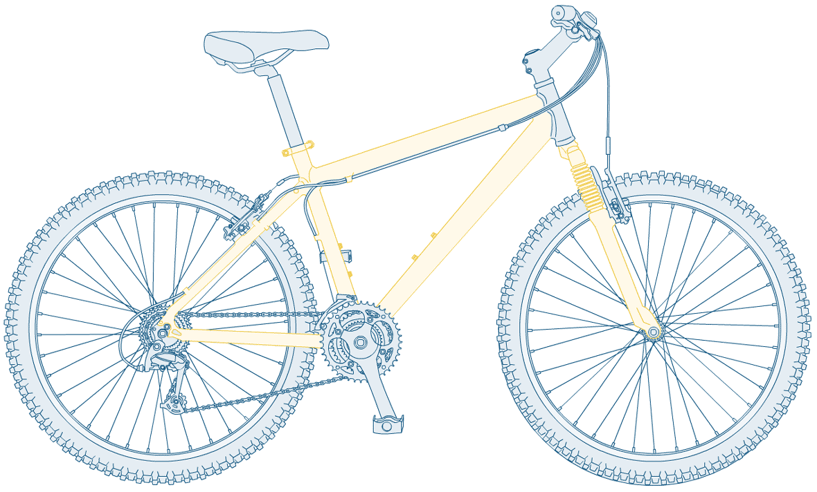 Illustration of a blue bicycle with frame highlighted in yellow