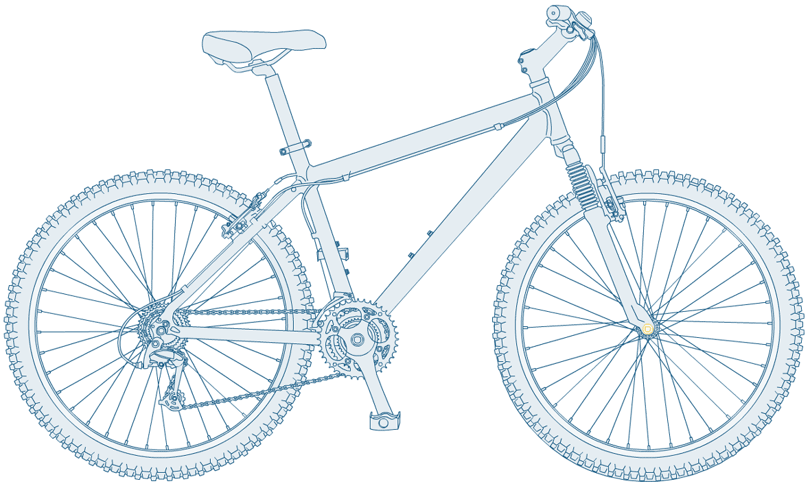 Illustration of a blue bicycle with hubs highlighted in yellow