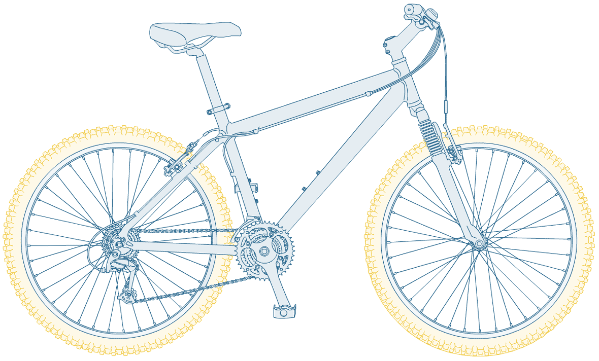 Illustration of a blue bicycle with tires highlighted in yellow