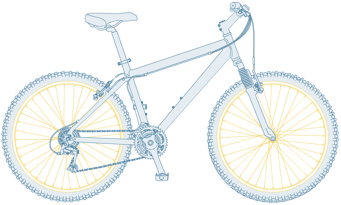 Illustration of a blue bicycle with wheels highlighted in yellow