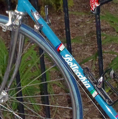 A very clean Bottecchia, with appropriate downtube shifters and coordinating tires.