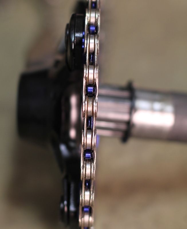 Closeup of chain engaged on front chainring