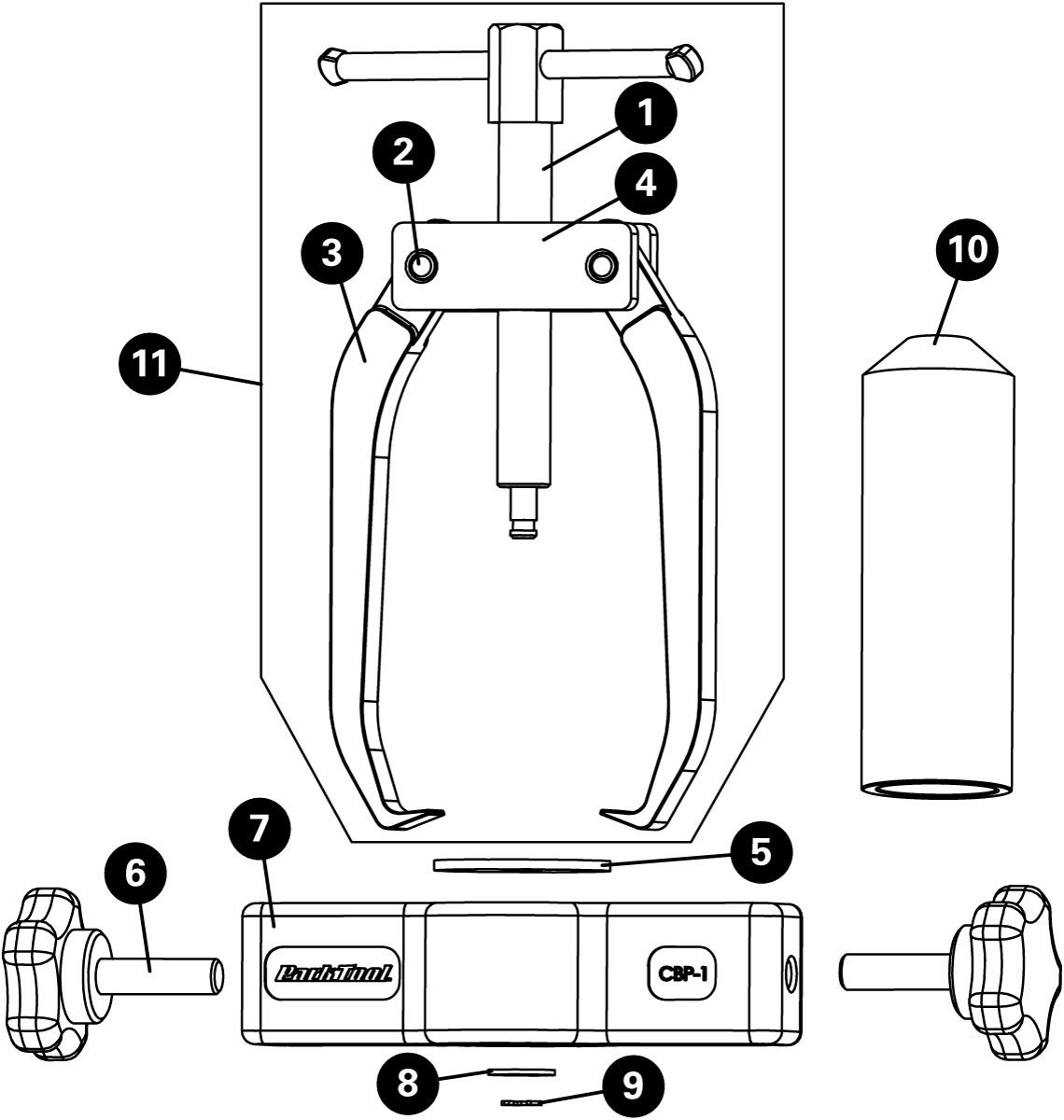 Parts diagram for CBP-3 Campagnolo® Bearing Puller and Installer Set, enlarged