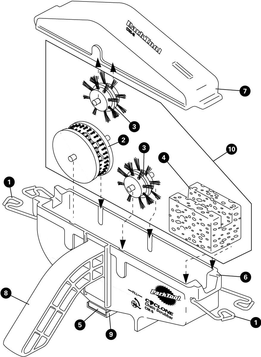 Parts diagram for CM-5 Cyclone™ Chain Scrubber, enlarged
