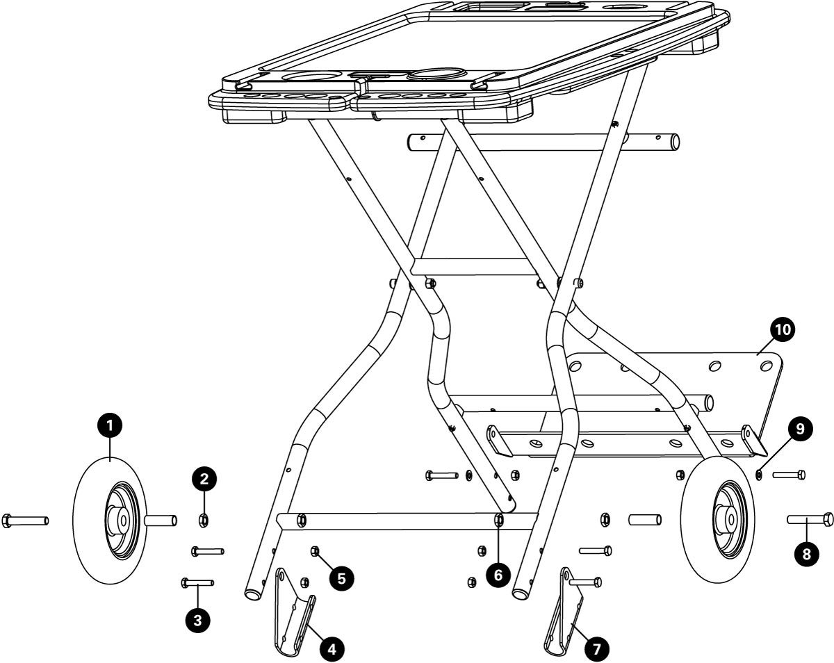 Parts diagram for PB-5 Two Wheel Hand Truck Kit for PB-1 Portable Workbench, click to enlarge