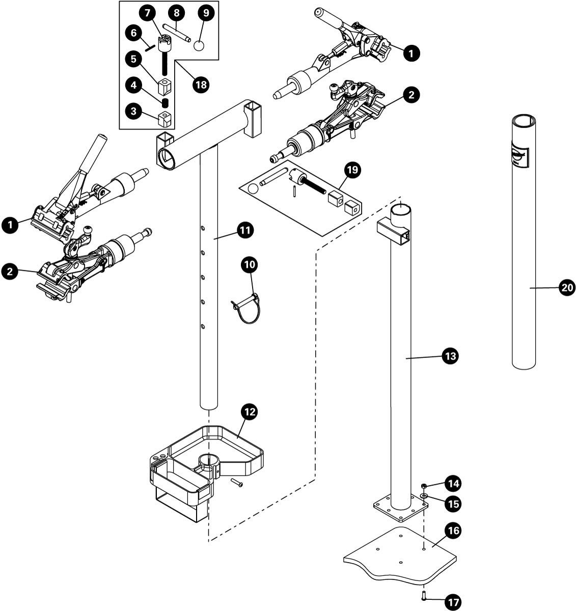 Parts diagram for PRS-2.3-1 Deluxe Double Arm Repair Stand, enlarged