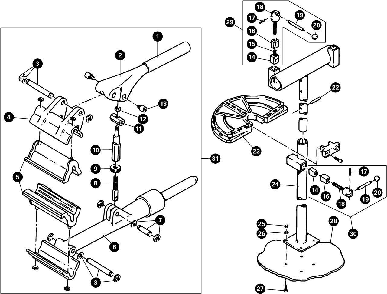 Parts diagram for PRS-2 Deluxe Double Arm Repair Stand, enlarged