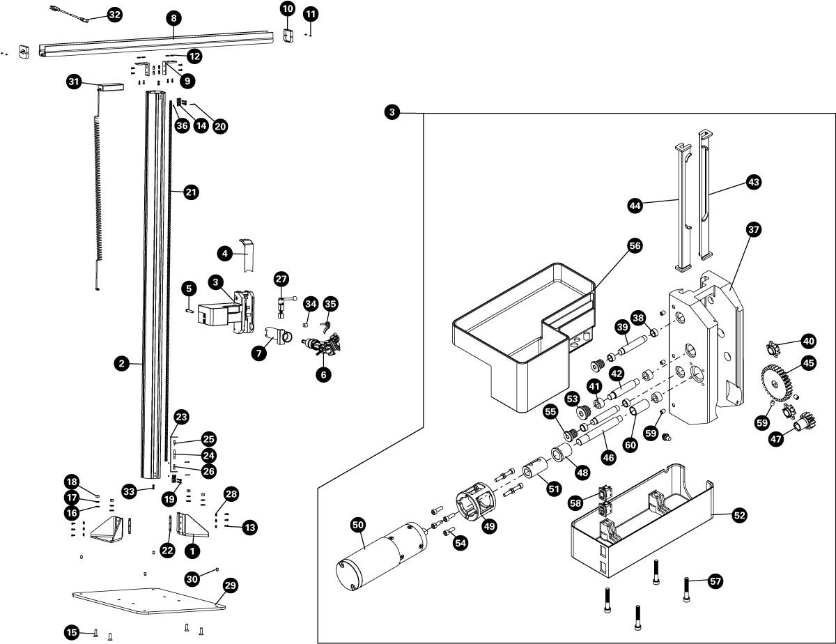 Parts diagram for PRS-33 Power Lift Shop Stand, enlarged