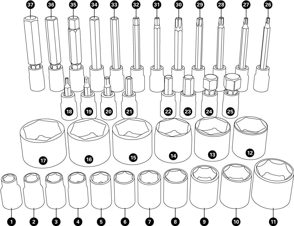 Parts diagram for SBS-3 Socket and Bit Set — 37 Piece, enlarged