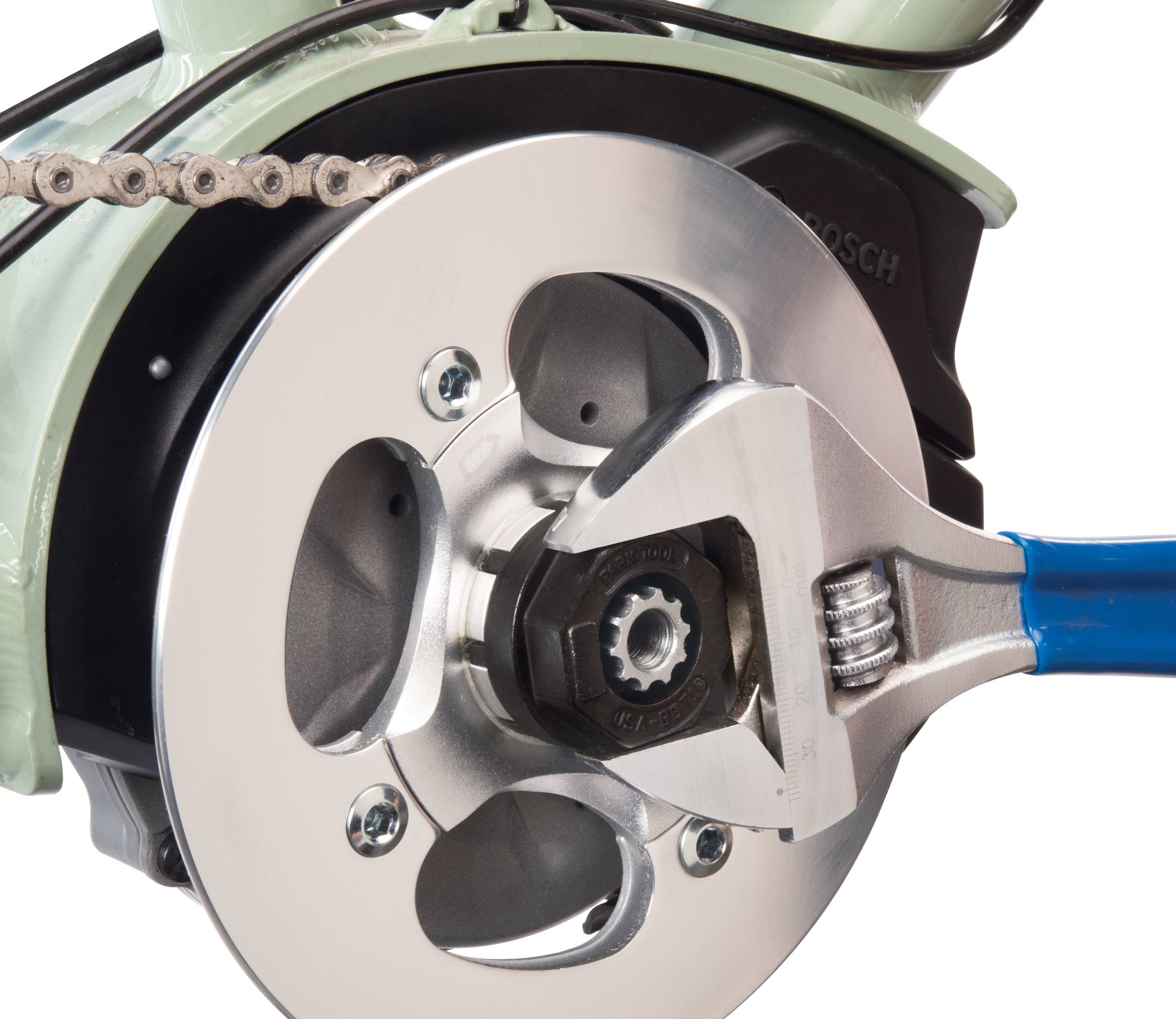 Park Tool BBT-18 Bottom Bracket Tool securing chainring lockring on Bosch® e-bike system