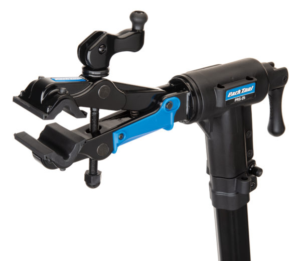 The Park Tool 100-25D Professional Micro-Adjust Clamp attached to repair stand with cam released, click to enlarge
