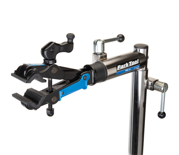 The Park Tool 100-3D Professional Micro-Adjust Clamp attached to stand with cam engaged, click to enlarge