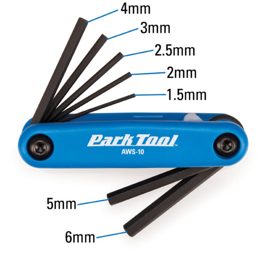 Park Tool AWS-10 Fold-Up Hex Wrench Set measurements, click to enlarge