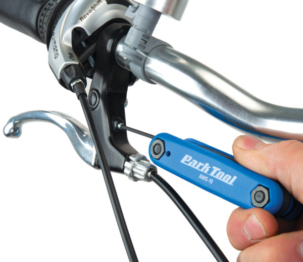 Park Tool AWS-10 Fold-Up Hex Wrench Set adjusting set screw on flat bar brake lever, click to enlarge