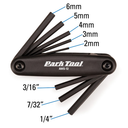 Park Tool AWS-12 Fold-Up Hex Wrench Set in black measurements, click to enlarge