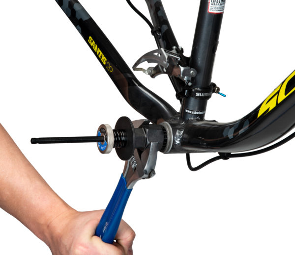 The BBT-RS Bottom Bracket Tool Retaining System securing a BBT-22 tool while tightening a bottom bracket, click to enlarge