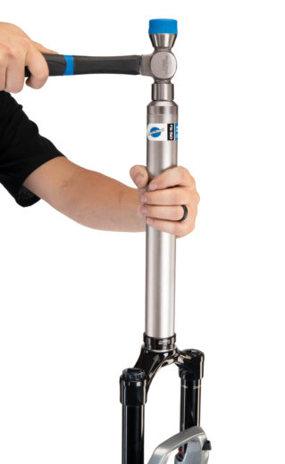 The Park Tool CRS-15.2 Crown Race Setting System installing crown race on steering tube of suspension fork, click to enlarge
