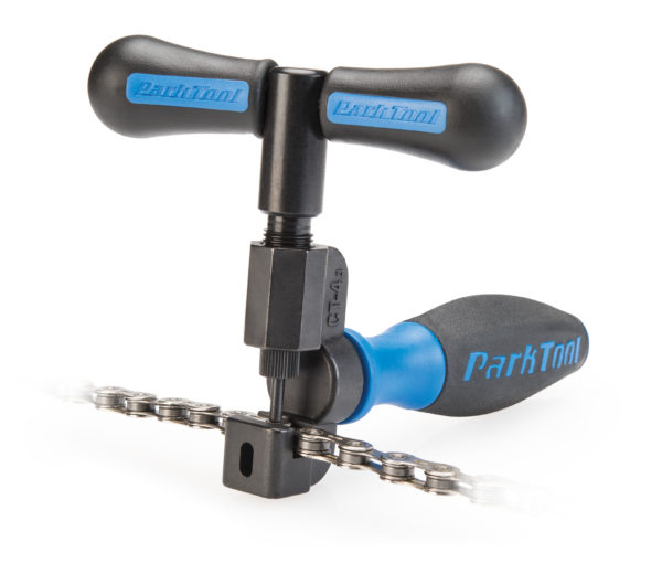 The Park Tool CT-4.3 Master Chain Tool with peening anvil installing chain rivet, click to enlarge