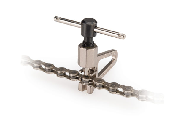 The Park Tool CT-5 Mini Chain Tool installing chain rivet, click to enlarge