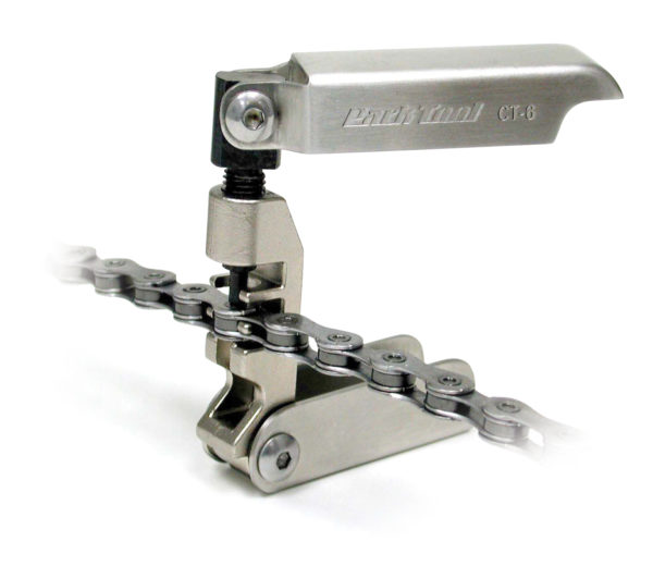 Unfolded Park Tool CT-6 Folding Chain Tool breaking a 10-speed chain, click to enlarge