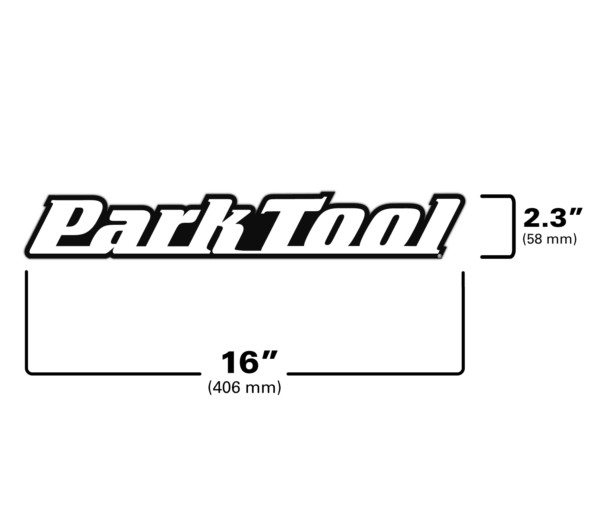 The Park Tool DL-16 Logo Decal, shown with width and height measurements., click to enlarge