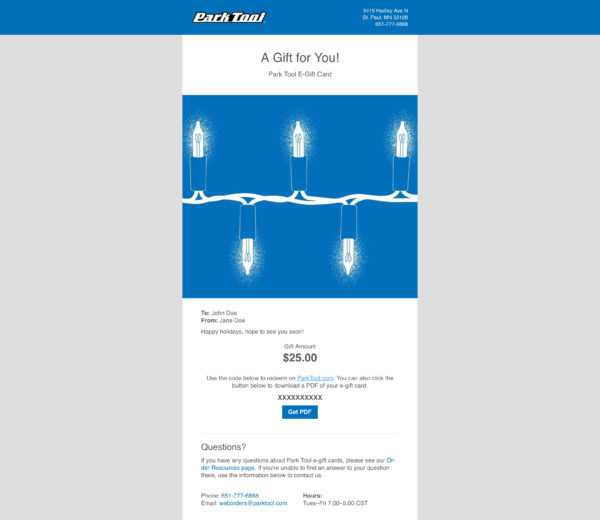 Email with a Gift card for parktool.com under an illustration of blue Christmas lights on a blue background, click to enlarge