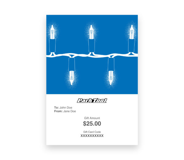 Gift card purchase for parktool.com under an illustration of blue Christmas lights on a blue background, click to enlarge