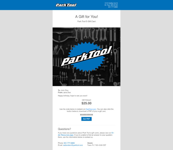 Email containing a gift card for parktool.com under a Park Tool logo with tools behind it, click to enlarge