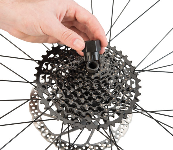 The Park Tool FR-5.2 Cassette Lockring Tool being installed on SRAM® XD™ style rear cassette, click to enlarge