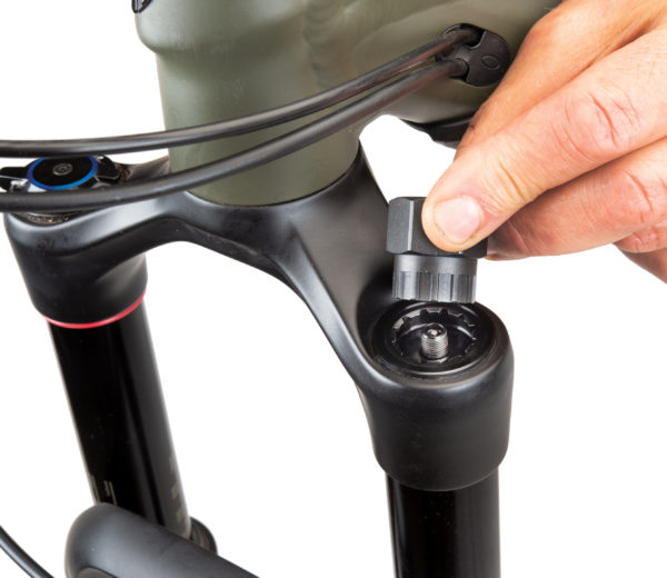 Park Tool FR-5.2 Lockring Tool being inserted into top cap of RockShox® suspension fork, click to enlarge