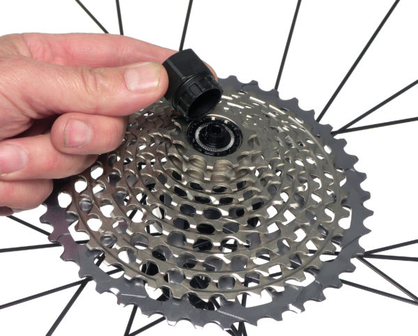 The Park Tool FR-5 Cassette Lockring Tool being installed on SRAM® XD™ style rear cassette, click to enlarge