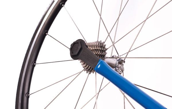 The Park Tool FRW-1 Freewheel Remover Wrench shown driving FR-5.2G to install Shimano® cassette, click to enlarge