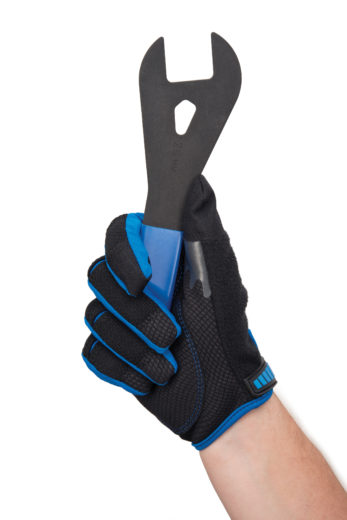 The Park Tool GLV-1 Mechanic's Gloves on hand gripping Park Tool cone wrench, click to enlarge