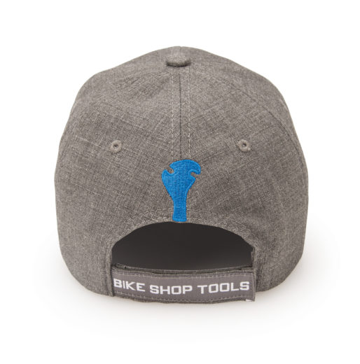 Back of Gray Park Tool hat with blue wrench and "bike shop tools" on adjustment strap, click to enlarge