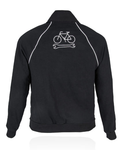 Back view of black Park Tool JKT-1 Mechanic's Track Jacket, featuring embroidered bike wrench icon, click to enlarge
