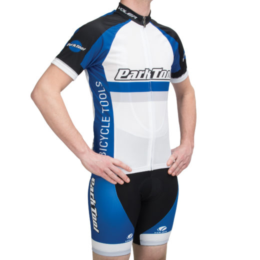 The Park Tool KIT-1 Team Kit bib shorts and jersey on male model, size small, click to enlarge