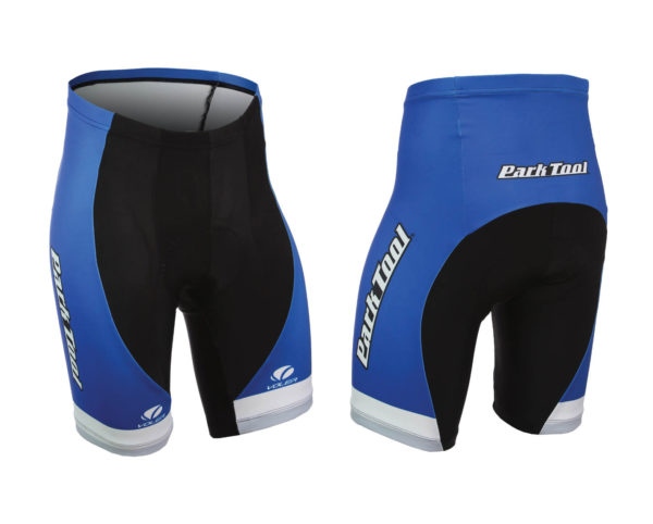 Front and back of Park Tool men's racing shorts, click to enlarge