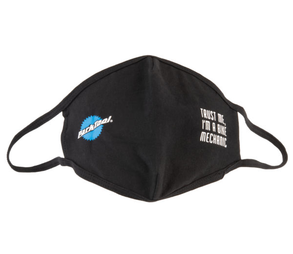Park Tool MSK-2 Face Mask in black with stacked logo and bike mechanic graphic, click to enlarge