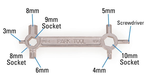 The Park Tool MT-1 Multi-Tool with tools labeled, click to enlarge