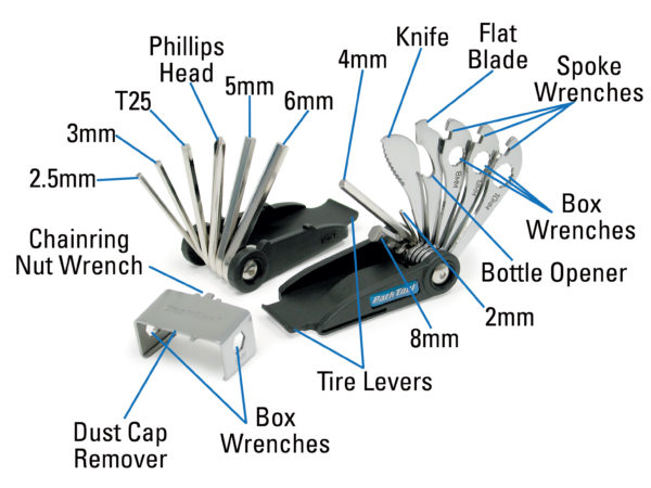 The Park Tool MTB-7 Rescue Tool contents measurements, click to enlarge