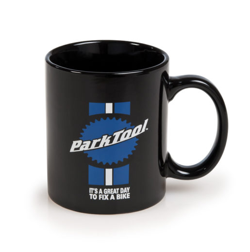 Front of the Park Tool MUG-1 black mug with stacked logo stripes and slogan, click to enlarge