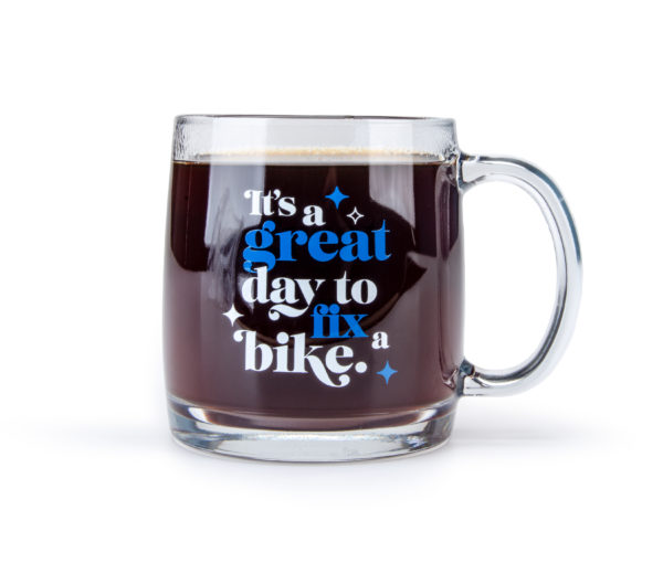 Back view of a Park Tool MUG-7 Glass Mug filled with coffee., click to enlarge