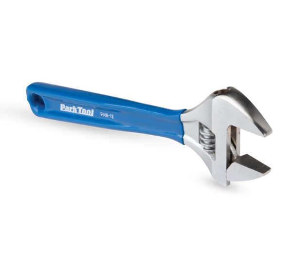 The Park Tool PAW-12 12-Inch Adjustable Wrench logo side with open jaws, click to enlarge