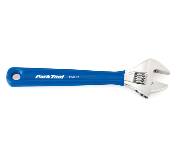 The Park Tool PAW-12 12-Inch Adjustable Wrench logo side with open jaws, click to enlarge