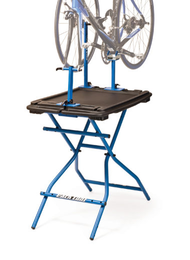 Bike mounted on the Park Tool PB-7 Repair Stand and Truing Stand Kit for PB-1 Portable Workbench, click to enlarge